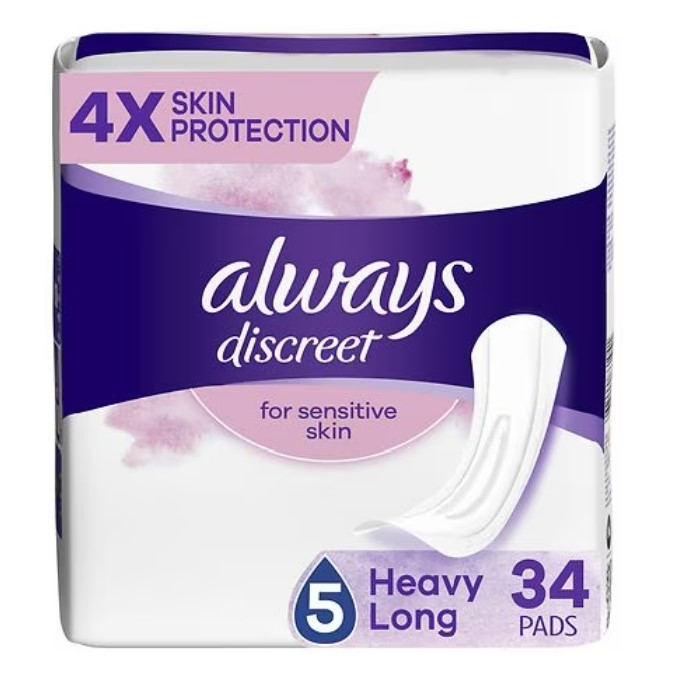 Always Discreet Pads for Sensitive Skin, Heavy Absorbency, Long Length