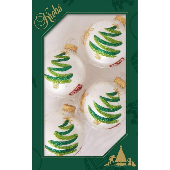Glass Christmas Tree Ornaments - 67mm/2.63" [4 Pieces] Decorated Balls from Christmas by Krebs Seamless Hanging Holiday Decor (Silver Pearl with Tree and Gifts)