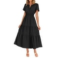 thumbnail image 4 of LNWUY Women's Summer Floral Boho Maxi Dress Wrap Short Sleeve V Neck Ruffle A-Line Flowy Wedding Guest Long Dresses Black L, 4 of 9