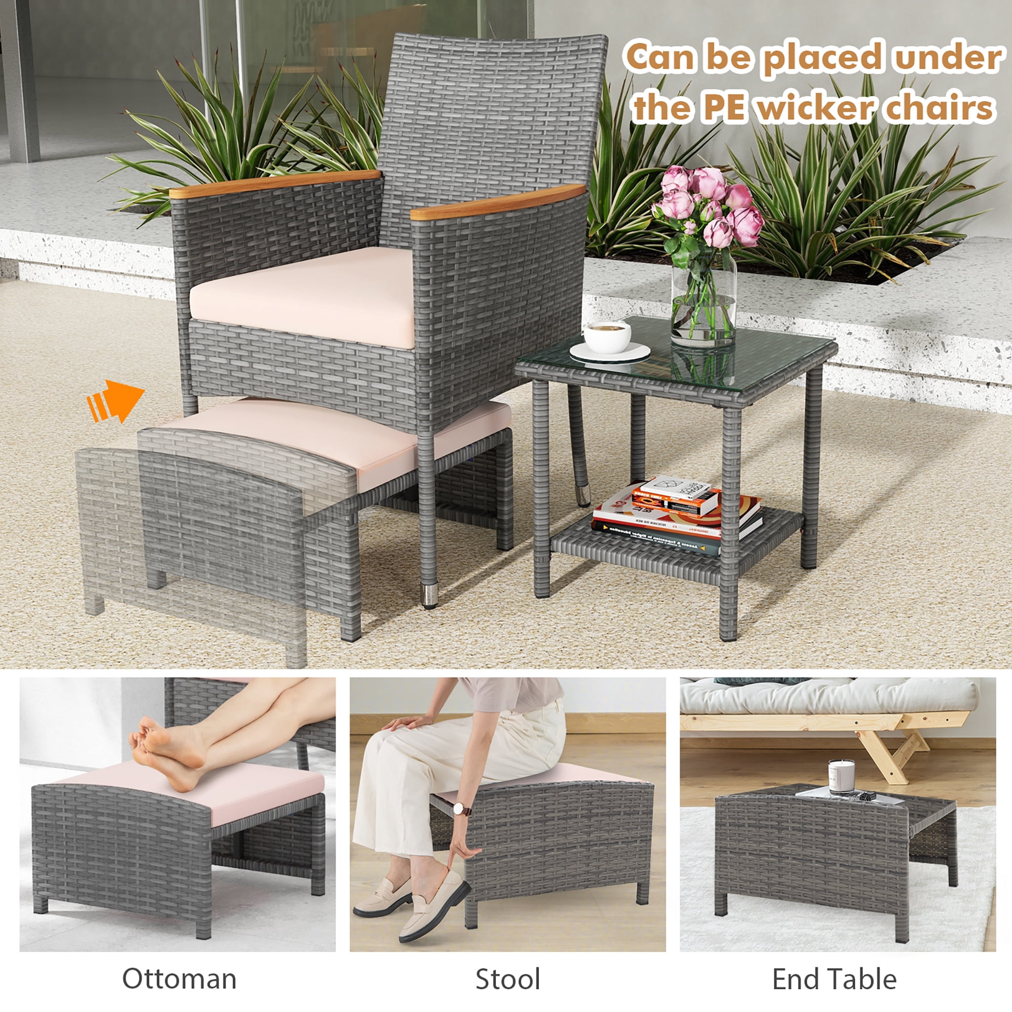 Gymax 5 Pieces Wicker Patio Furniture Set PE Rattan Porch Chairs w/ Ottomans