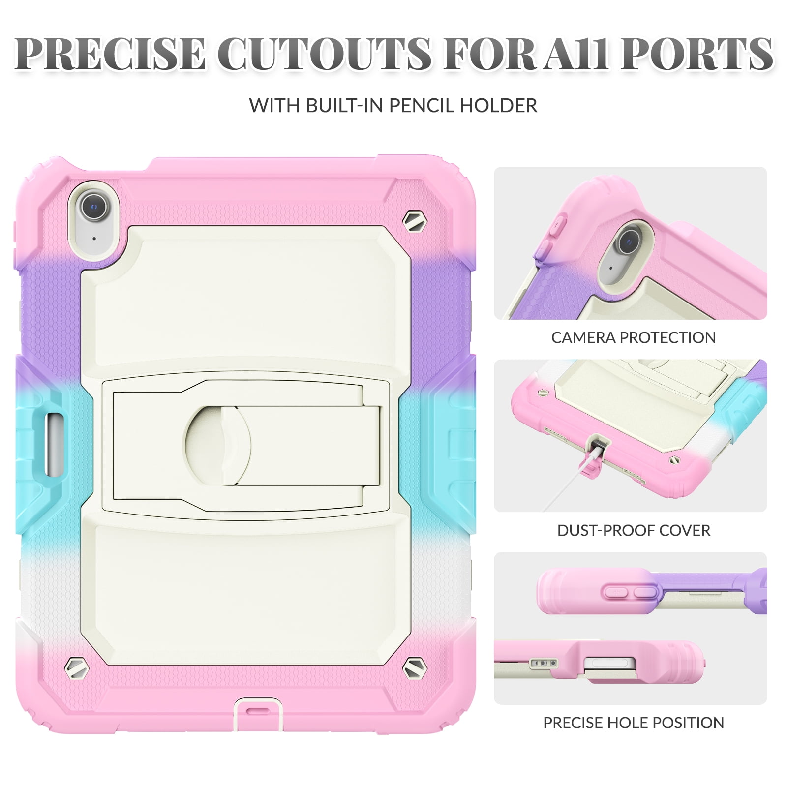 Dteck Built-in Screen Protector Case for iPad Air 11 inch 2025/2024 ,Heavy Duty Silicone Case Foldable Stand Cover Built-in Pencil Holder with Shoulder Strap for iPad Air 11-in. M3/M2,Colorful/Pink