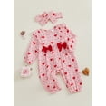 thumbnail image 4 of Newborn Baby Girl Valentines Day Outfit Bow Heart Ruffle Cotton Linen Jumpsuit  Long Sleeve Romper Playsuit with Headband, 4 of 8
