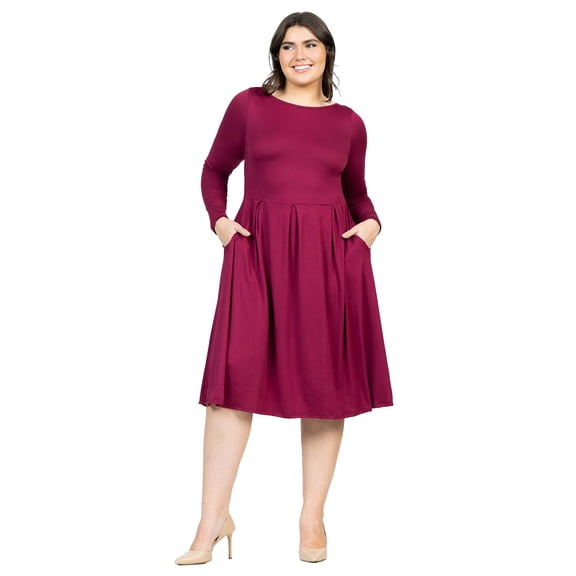 Plus Size Long Sleeve Pleated Fit N Flare Midi Dress