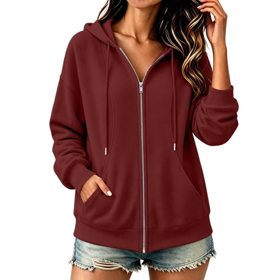 Women's Full Zip Hoodie Thicked, Oversized Long Sleeve Hooded Sweatshirt with Pockets, Womens Zip Up Hoodies with Hoods, Red, S