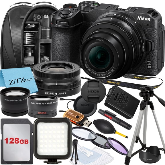 Nikon Z30 Mirrorless Camera with NIKKOR Z DX 16-50mm VR Zoom Lens, SanDisk 128GB Memory Card, Backpack, Flash, Tripod and ZeeTech Accessory Bundle