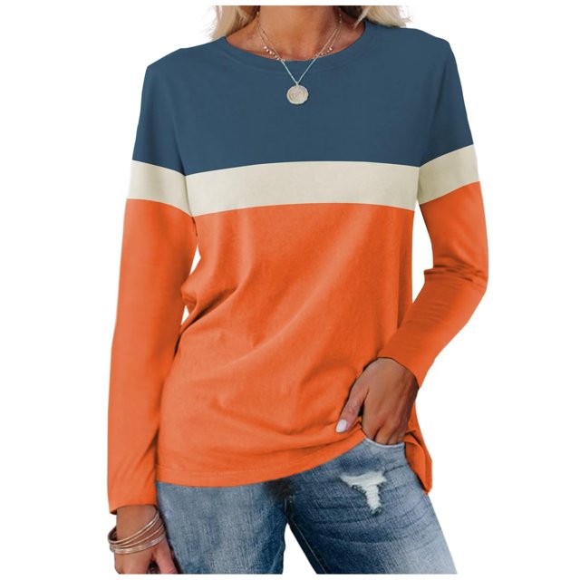Pxiakgy Vente Chaude!! Tunique à Blocs de Couleur pour Femmes Hauts Décontractés à Manches Longues Col Rond Pull Tunique à Blocs de Couleur pour Femmes Hauts Décontractés à Manches Longues Col Rond Pull Orange TTG