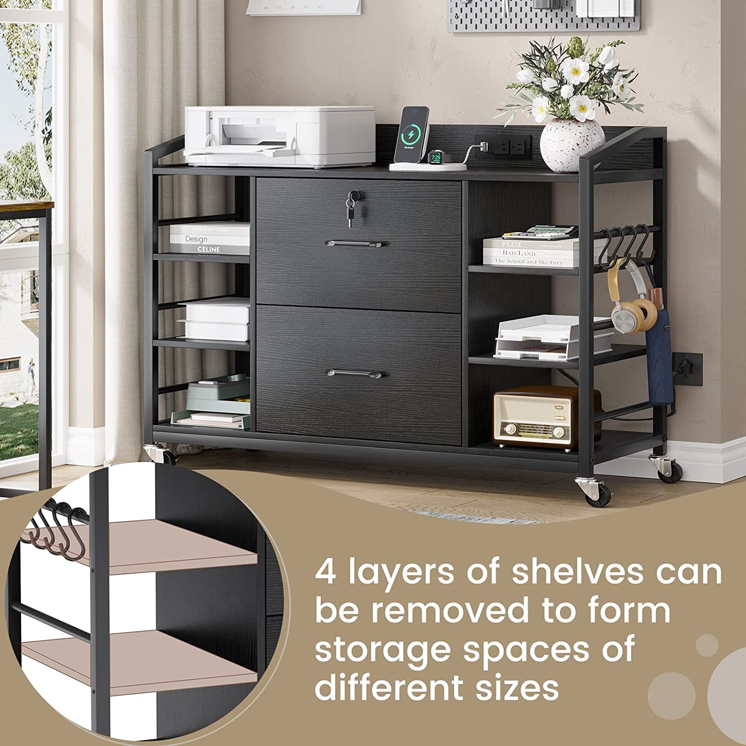 44" File Cabinet, Filing Cabinets fits Legal, Letter, A4 Size, 2 Drawer Office File Cabinet for Home Office with Lock, Power Strip, 6 Adjustable Shelves & 4 Hooks, Black