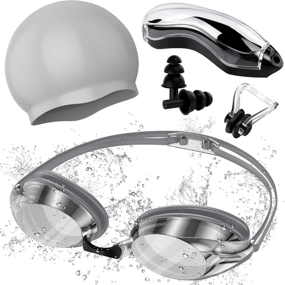Qscq Swim Goggles for Kids, Adults, Youth, No Leak Waterproof Swimming Goggles, Goggles with Nose Cover, Tinted, Anti-fog Lenses with UV Protection Silver