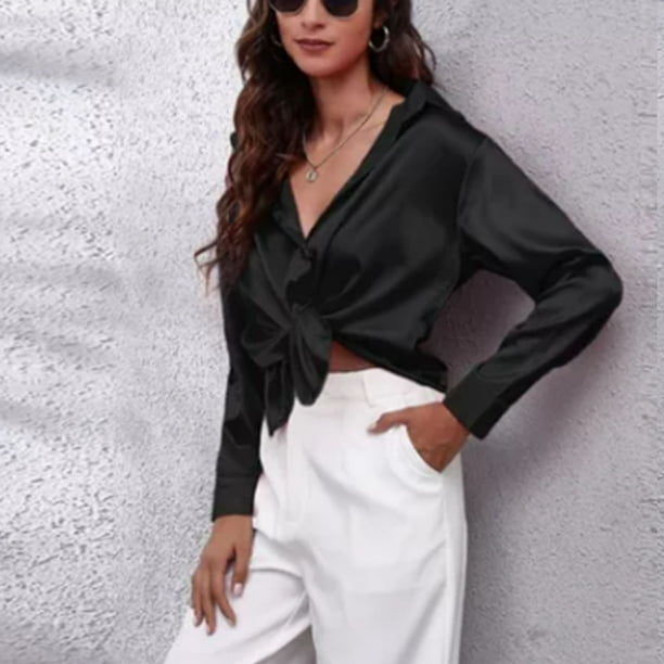 Camisa Negra Camiseta Satinada Mujer Outfit Con Blusas Negras