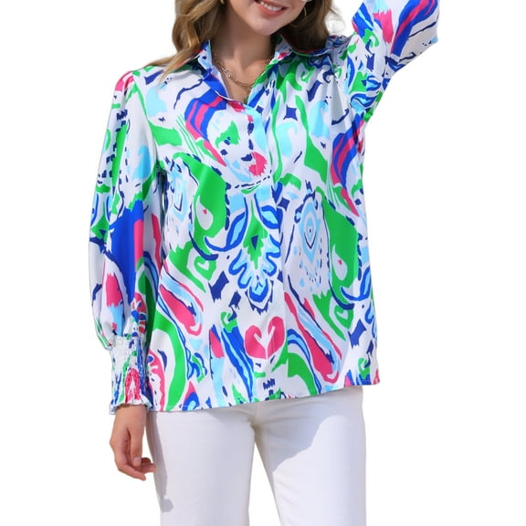 INSPIRE CHIC Women's Button Down Floral Long Sleeve Shirred Ruffle Hem Chiffon Blouse S Blue