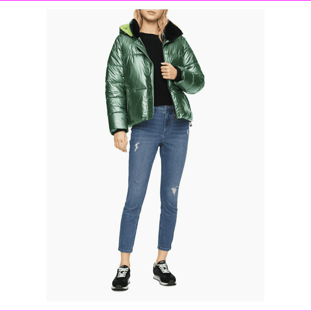 Calvin Klein Women's Solid Sherpa Lined Hooded Puffer Jacket,Metal Green,XL  