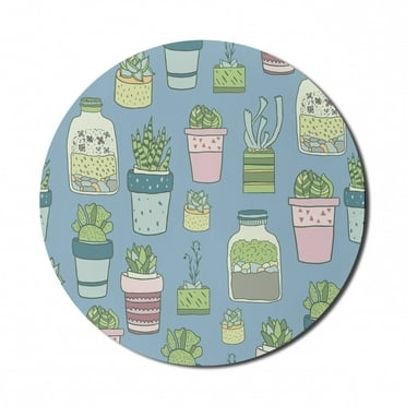 Botanical Mouse Pad for Computers, Hand Drawn Terrariums Houseplants and Succulents in Pots Gardening Themed Print, Round Non-Slip Thick Rubber Modern Mousepad, 8" Round, Multicolor, by Ambesonne