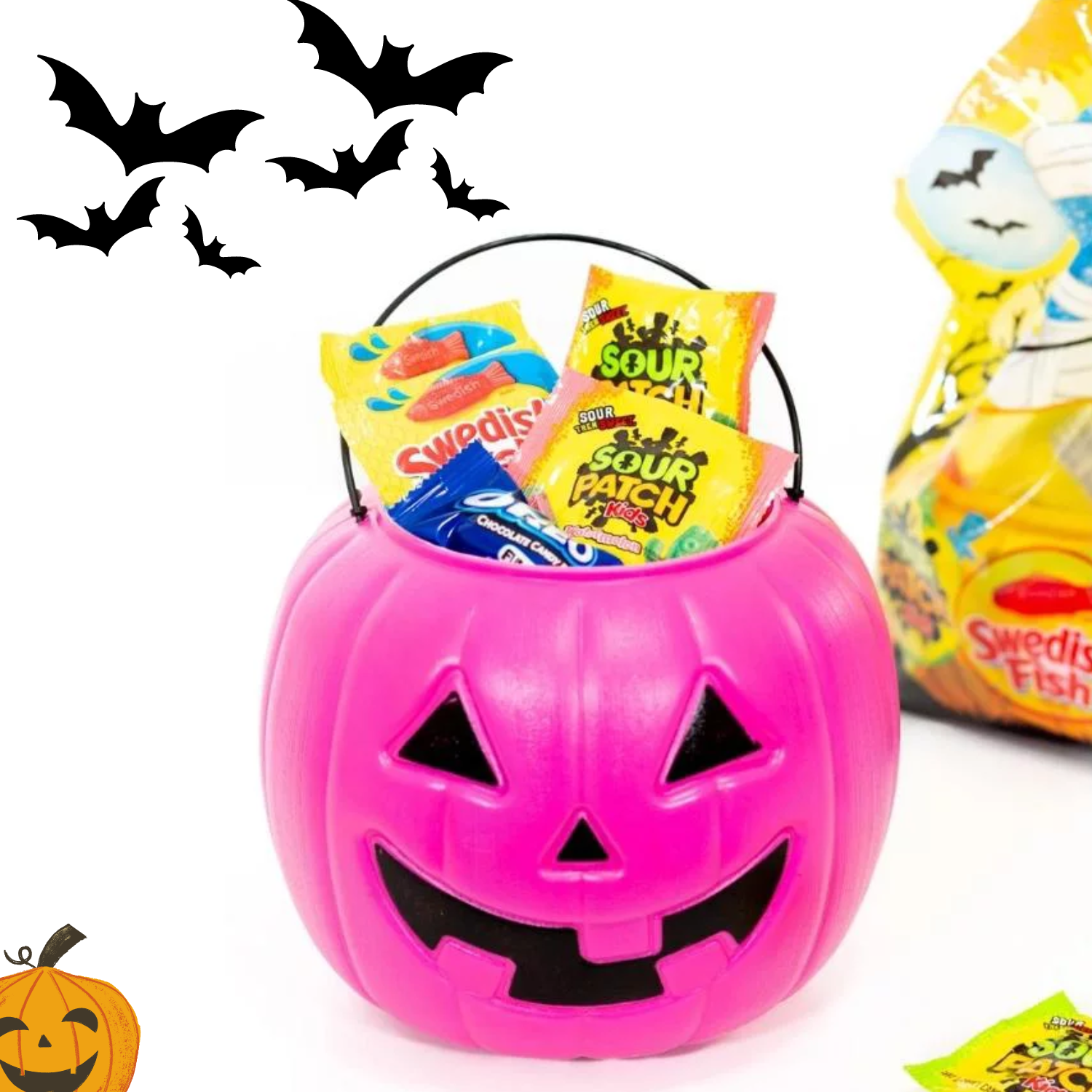 Halloween Pink Pumpkin Jack O' Lantern Candy Bucket Portable Pumpkin Pail Trick or Treat Buckets Candy Holder for Kids Treat Bags Halloween Candy Basket Fillers Party Favors