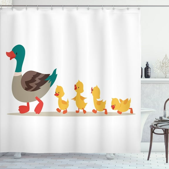 Ambesonne Yellow Bird Shower Curtain, Mother Duck Row, 69"Wx84"L, Multicolor