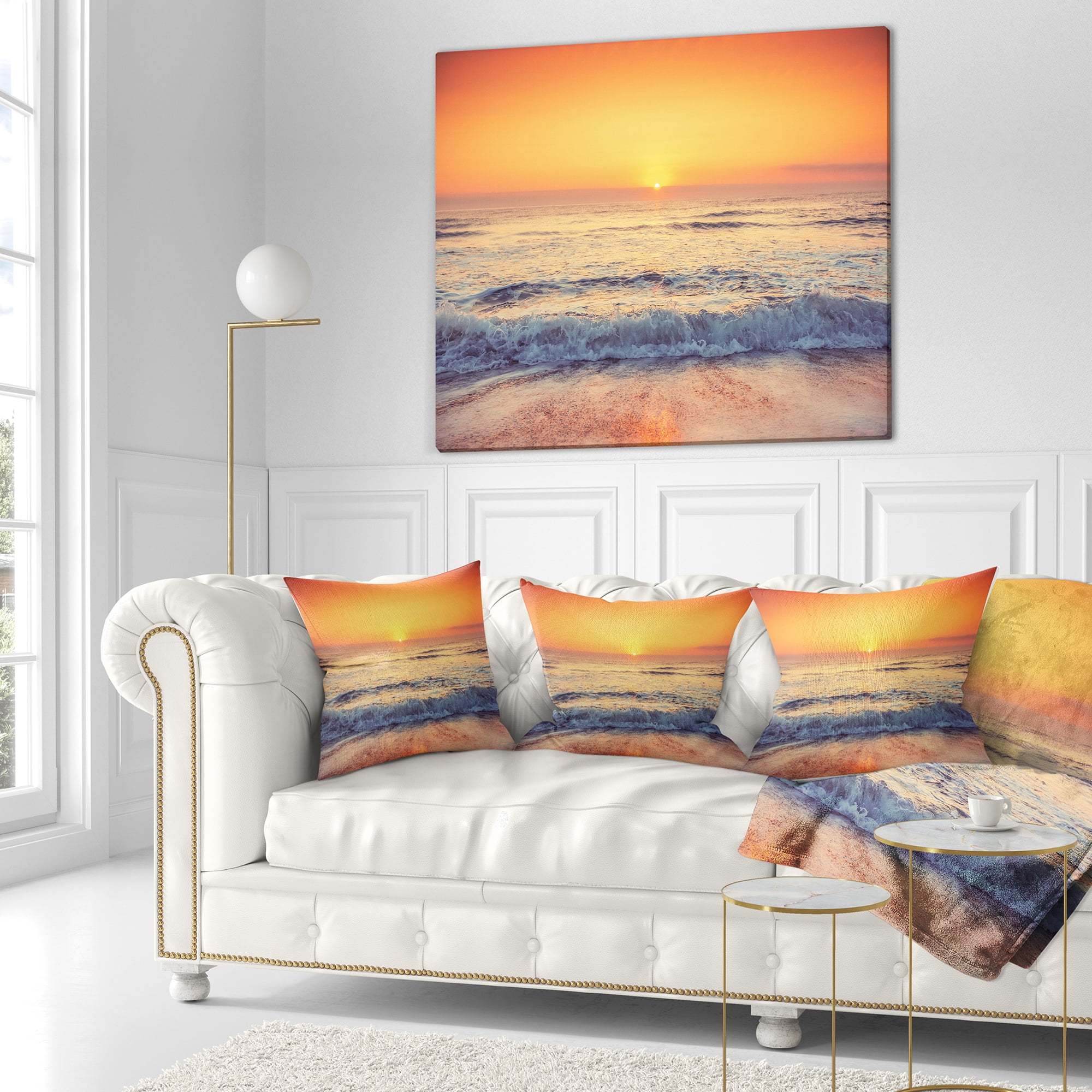 Designart Yellow Cloudscape over Seashore - Beach Throw Pillow - 18x18