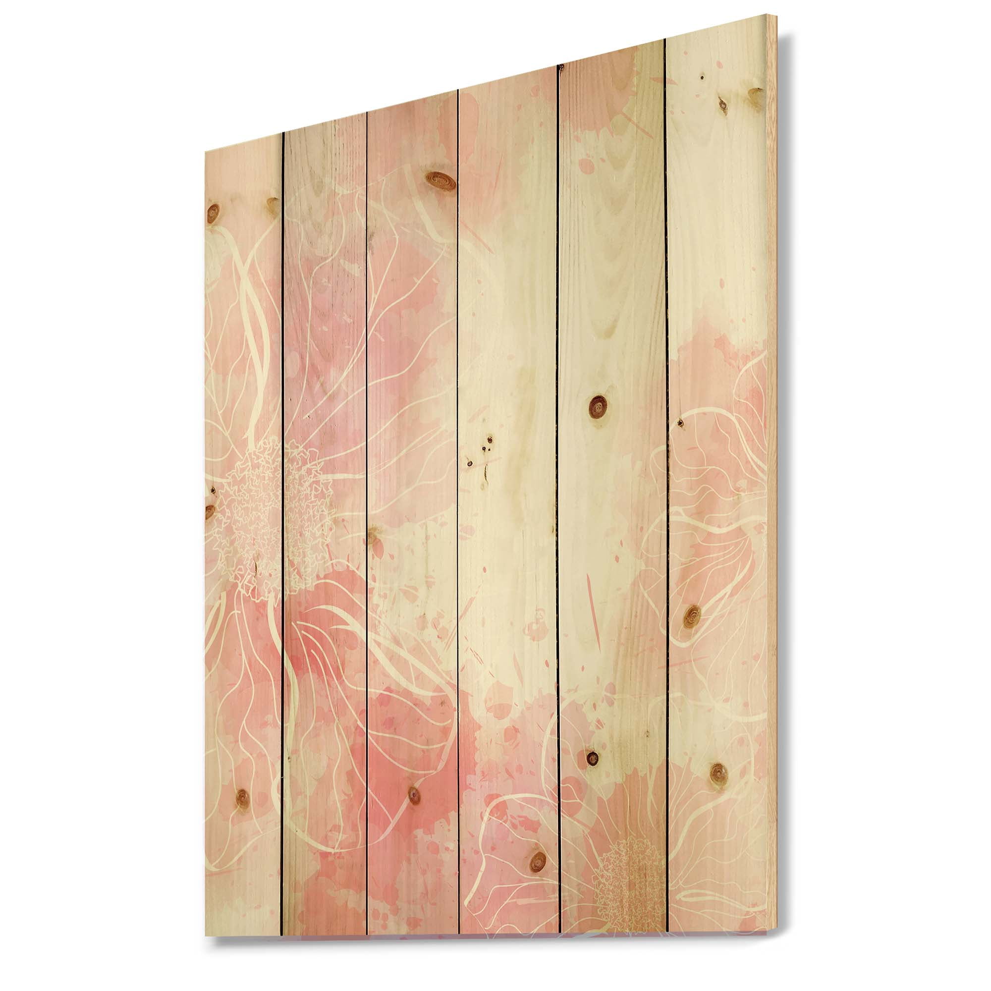 Designart 'Abstract Splashes of Pink Flowers I' Modern Print on Natural Pine Wood