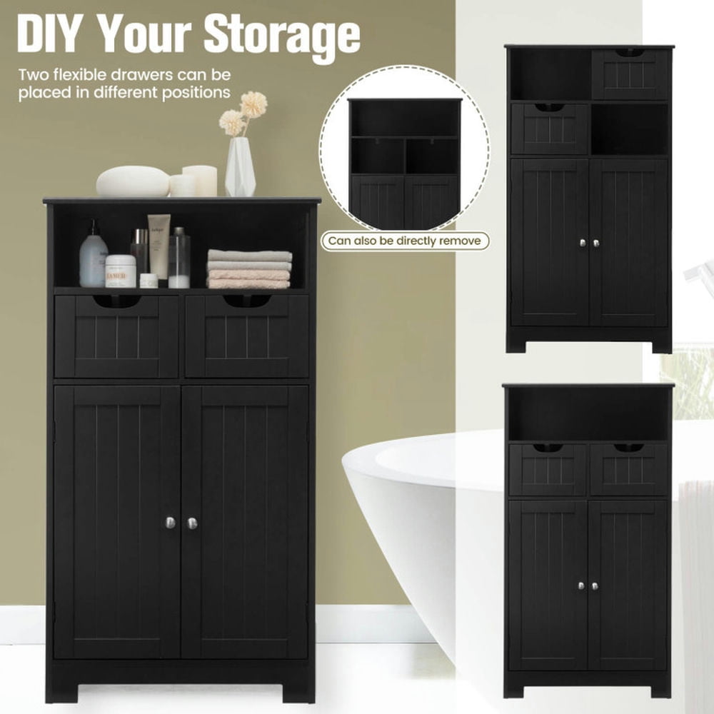 Finihen Bathroom Storage Cabinet, Bathroom Floor Cabinet, Bathroom Wooden Side Cabinet with 2 Drawers and 2 Doors, for Bathroom, Living Room, Bedroom, Kitchen, Black Finihen Bathroom Storage Cabinet, Bathroom Floor Cabinet, Bathroom Wooden Side Cabinet with 2 Drawers and 2 Doors, for Bathroom, Living Room, Bedroom, Kitchen, Black