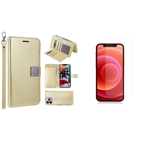 Bemz Pocket Clutch Wallet Case and Glass Screen Protector for iPhone 14 Pro Max - Gold
