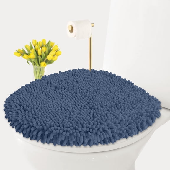 Stretch Fit Toilet Lid Cover – Chenille Microfiber, Soft Non-Slip, Machine Washable, 18x18" Medium Blue