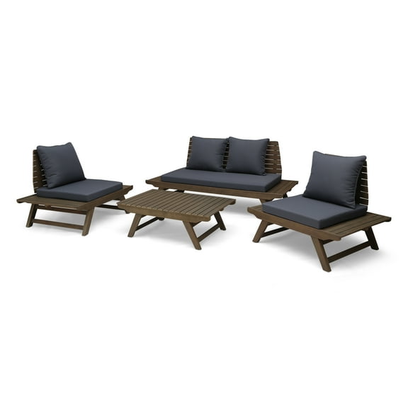 GDF Studio Bowie Outdoor Acacia Wood 4 Seater Chat Set with Cushions, Gray and Dark Gray