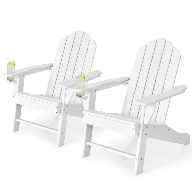 Patiojoy 2 Pcs Chaise Adirondack Chaise de Foyer Extérieure avec Porte-Gobelet Chaise Longue Résistante aux Intempéries pour Cour Arrière Jardin Patio et Terrasse Blanc