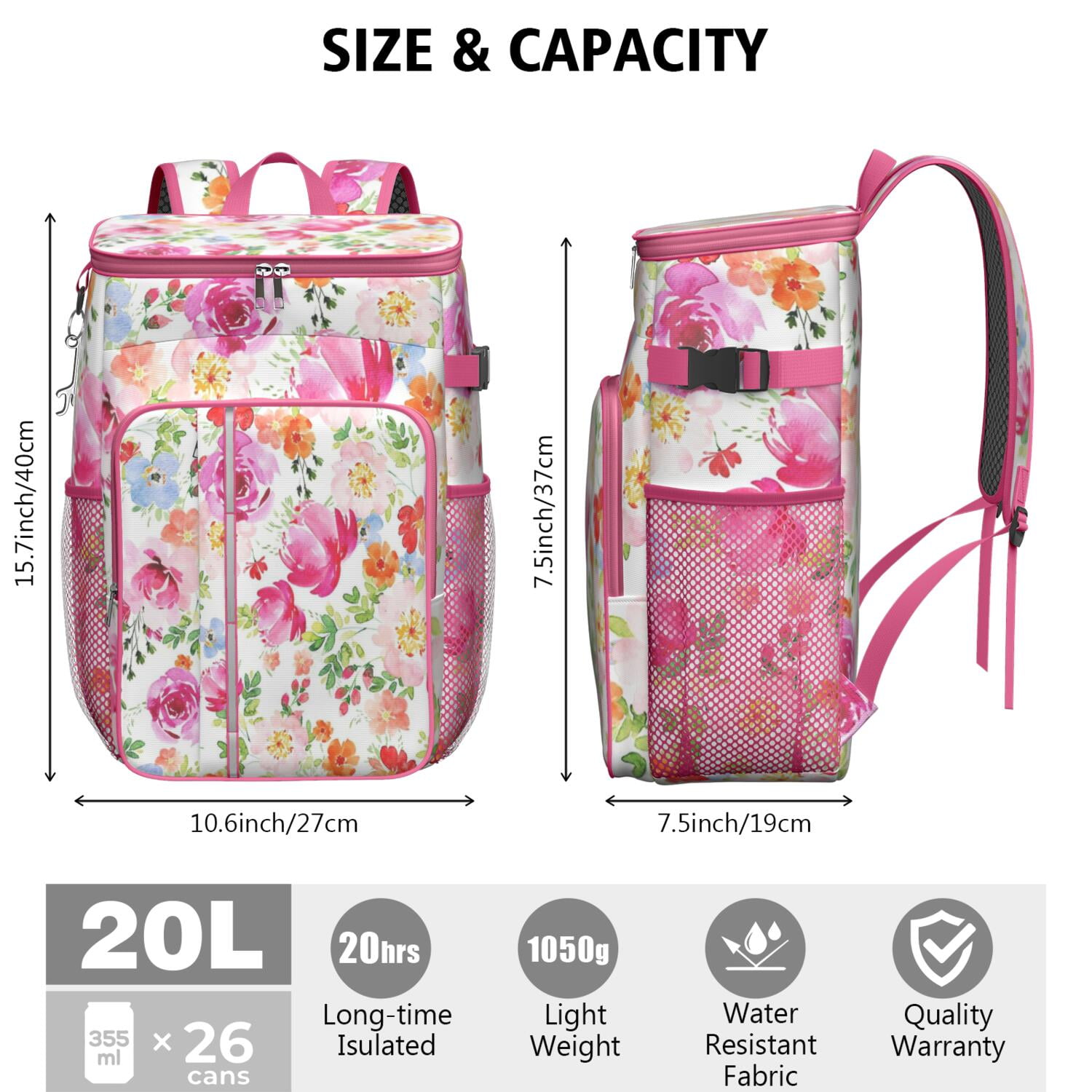 Travel Cooler Bag - Pioneer Flower Floral Print Pattern Camping Beer Cooler Backpack with Bottle Opener- Waterproof Insulated Picnic Backpacks - Cooler Bag for Beach
