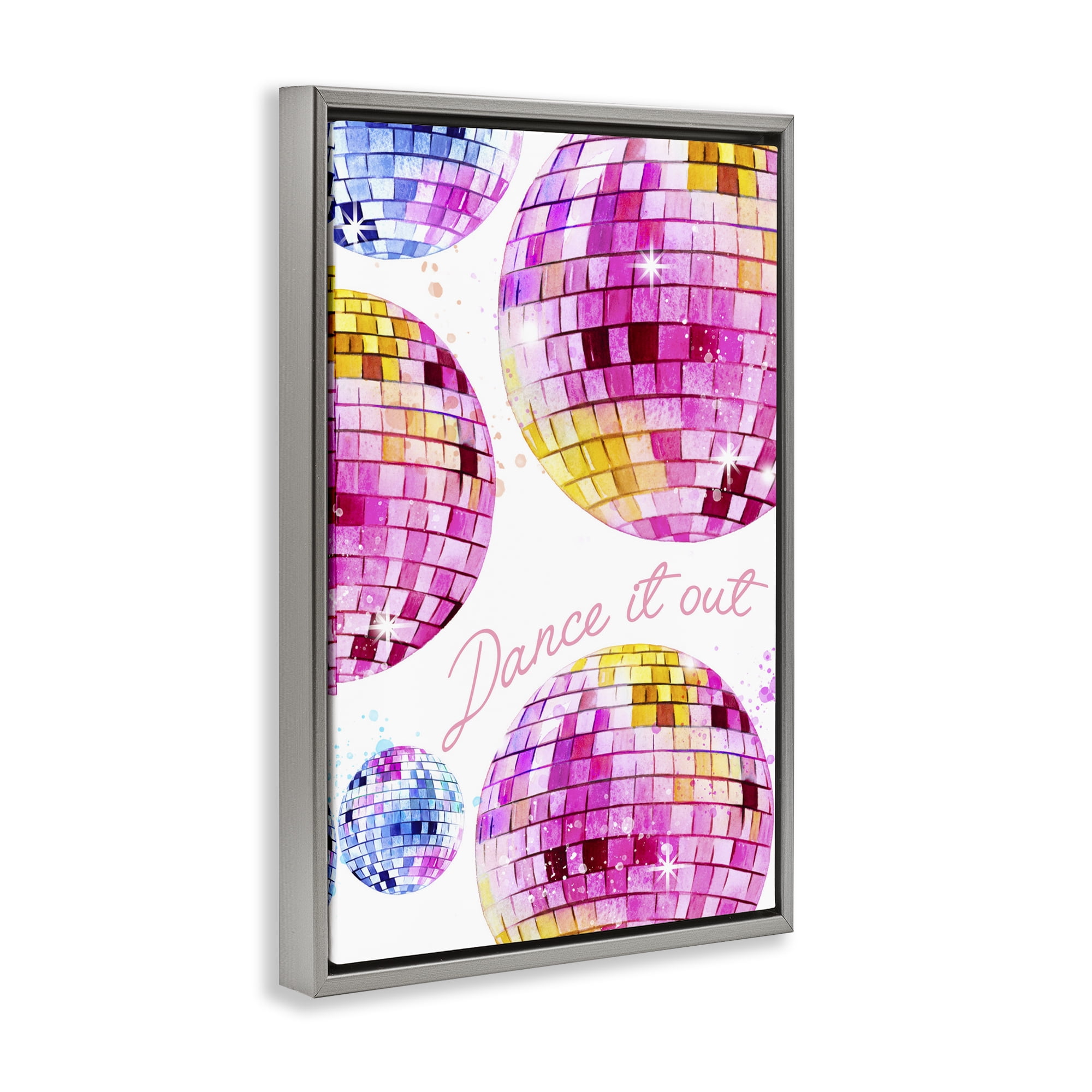Stupell Industries Dance It Out Disco Balls Typography Painting Gray Floater Framed Art Print Wall Art, 21 x 31