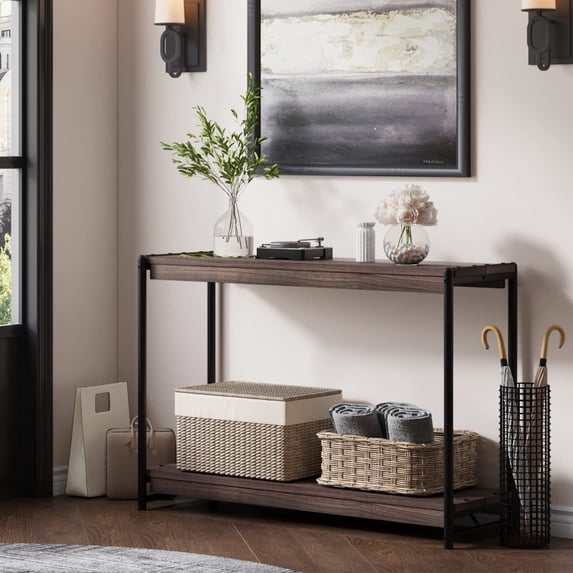 Juiluna Farmhouse Entryway Table, 40" Brown Console Table with Storage, Slatted Style 2-Tier Sofa Table with Shelf, Rustic Console Tables for Entryway, Living Room, Hallway, Foyer, Walnut Brown