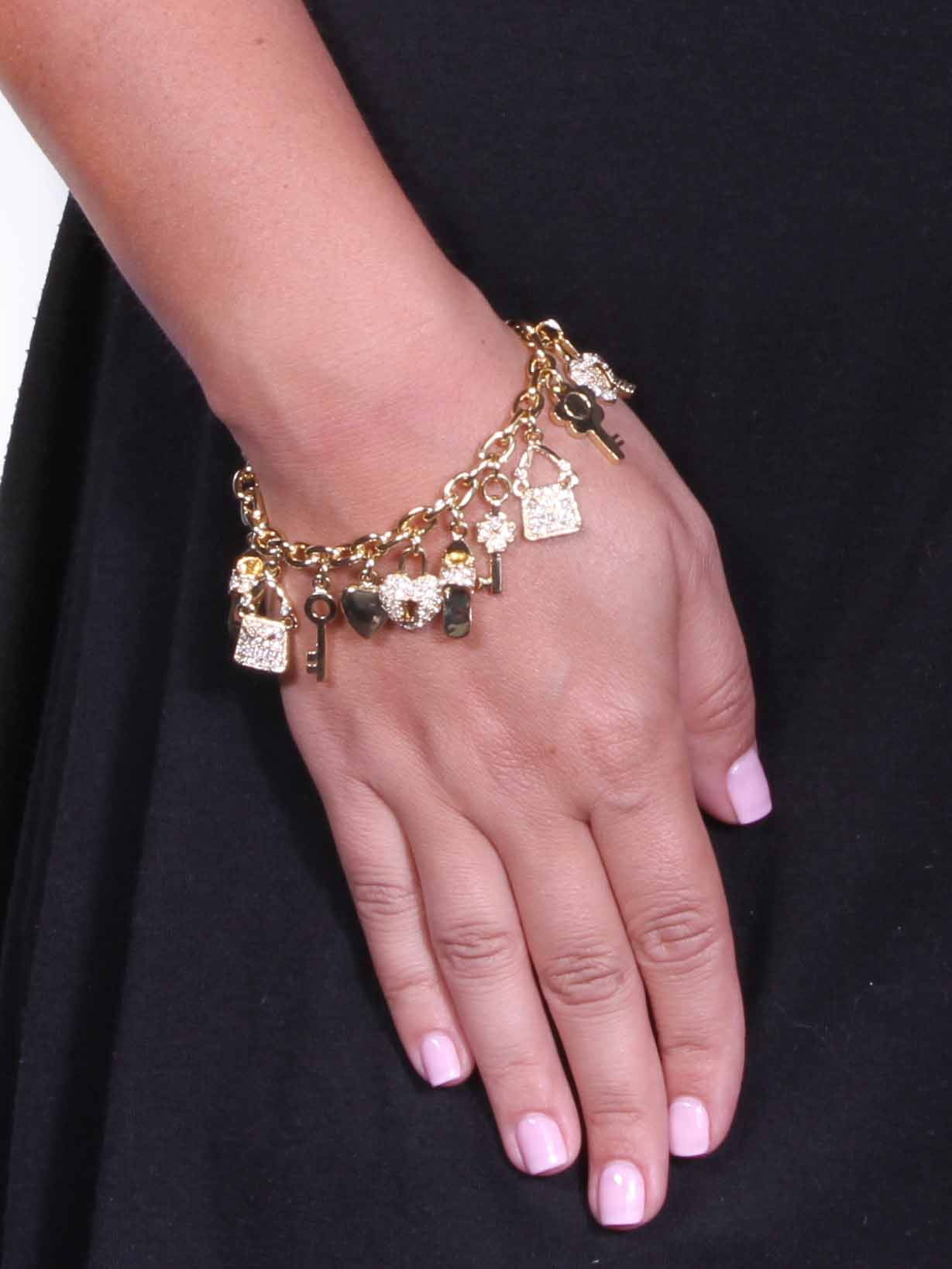 PalmBeach Jewelry Round Crystal Yellow Gold-Plated Shoe, Purse, Heart Lock and Key Charm Bracelet 7 1/2"