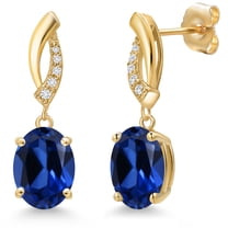 Gem Stone King 14K Yellow Gold Blue Created Sapphire and Lab Grown Diamond Earrings for Women | 4.65 Cttw | Gemstone September Birthstone | Oval 9X7MM