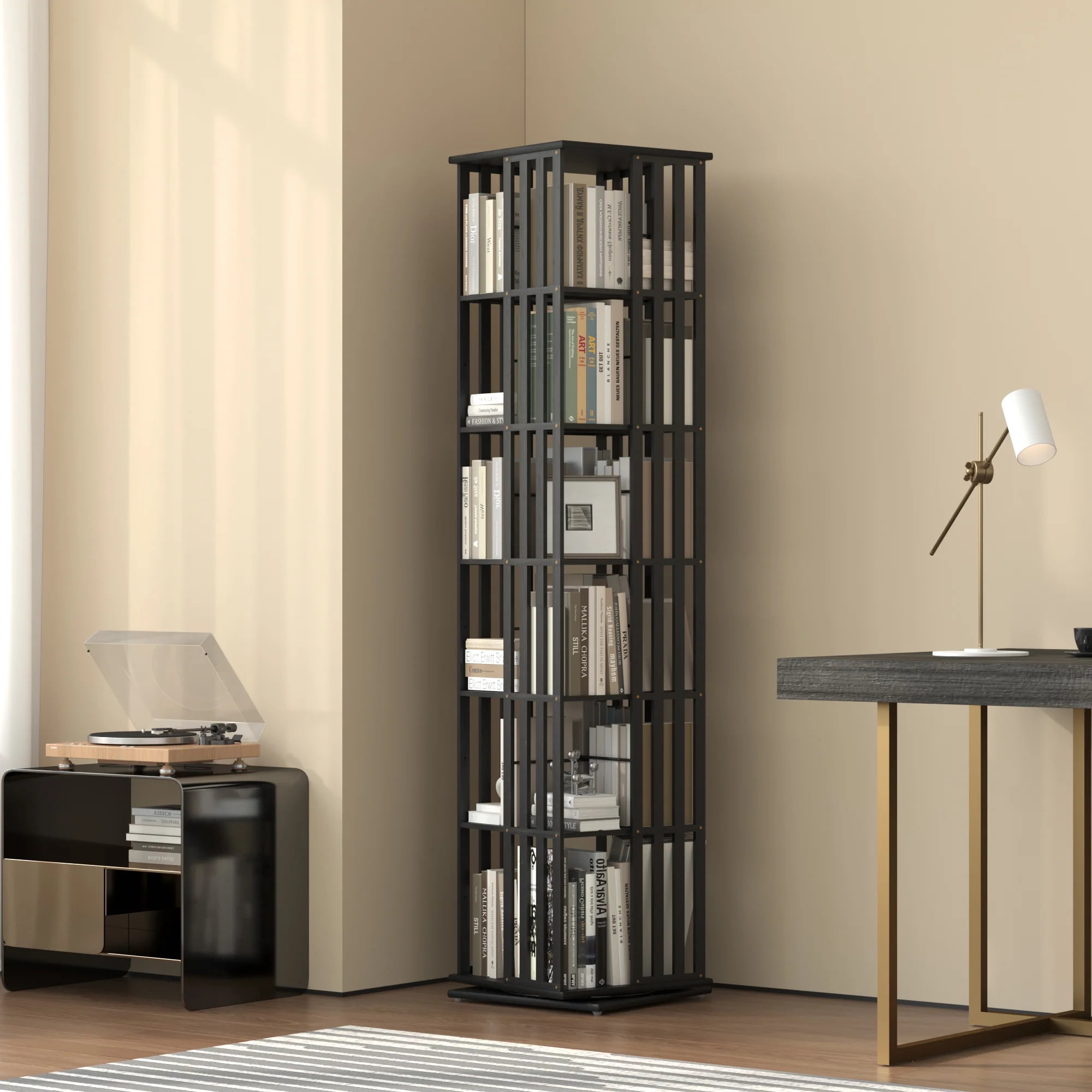 YOWOS 6-Tier Bamboo Rotating Bookcase Tower, 360° Swivel Corner Bookshelf with Display Organizer & Floor Storage Rack, Narrow Space-Saving Design, Black