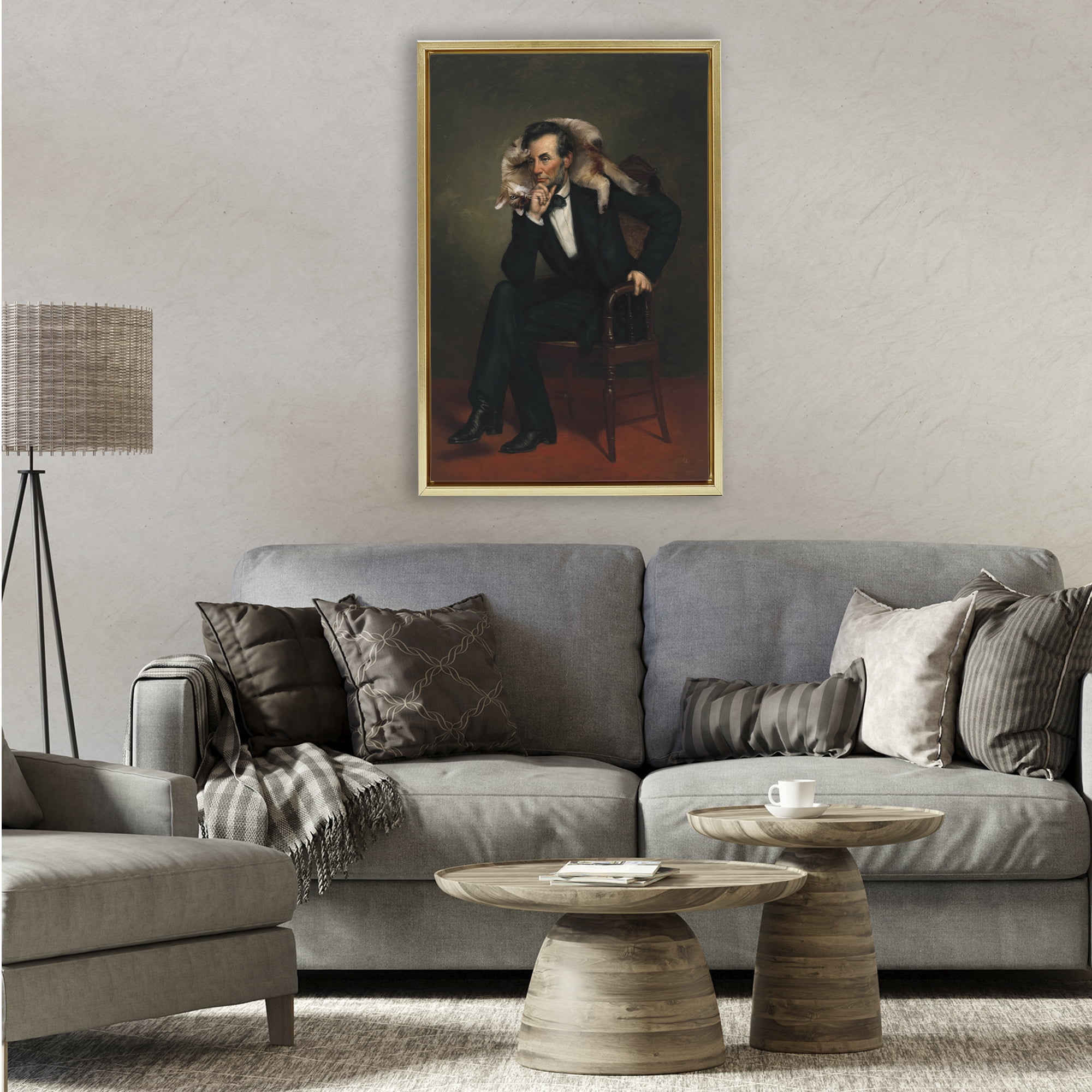 Stupell Industries Cat & Historical Leader Gold Framed Floater Canvas Wall Art, design by Sarah Adams