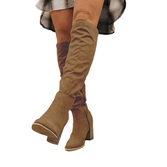 Puntoco Winter Warm Boots Clearanc Large Size Women Long Tube Thick Heel Shoes Zipper Pointed Khaki 9.5(43)