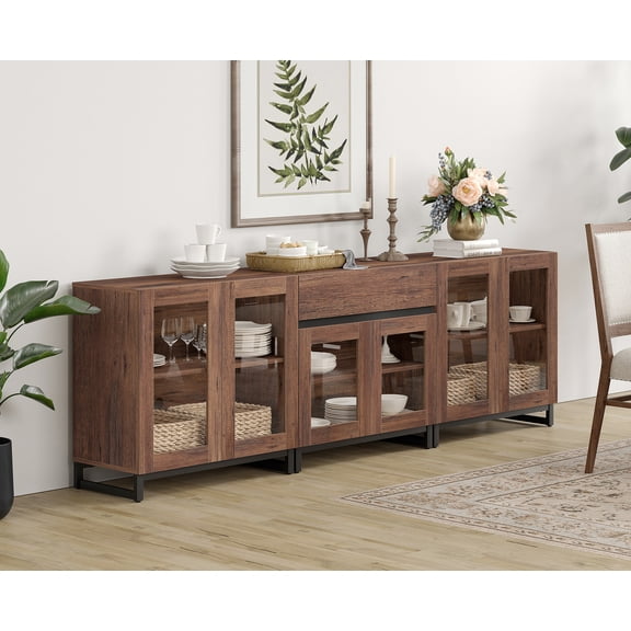 WAMPAT 3-in-1 Modern Sideboard Storage Cabinet with Glass Doors, Adjustable Shelves and Drawer, Coffee Bar Cabinet for Living Room and Kitchen, Brown