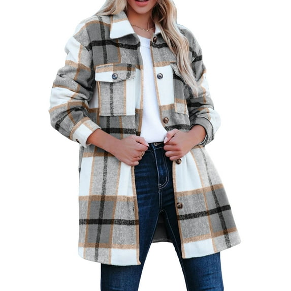 Sedceaty Women's Lapel Plaid Shirt Jacket, Casual Long Sleeve Button Down Loose Shacket Coat