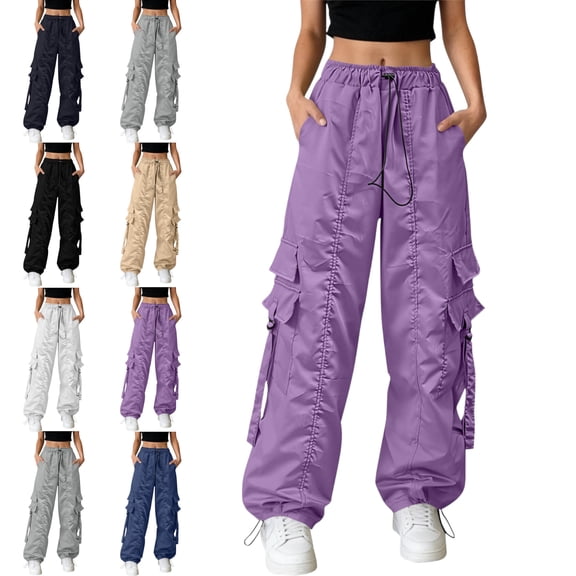 Women Fashion Cargo Pants Elastic Tie Waist Tapered Solid Color Multi Pocket Casual Trousers