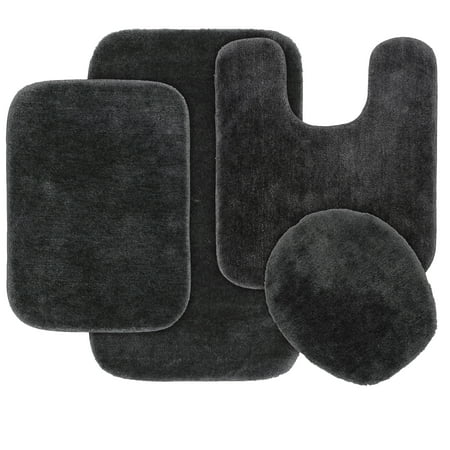 4 Piece Traditional Soft and Plush Nylon Washable Bathroom Rug Set Dark Gray, Garland Rugs