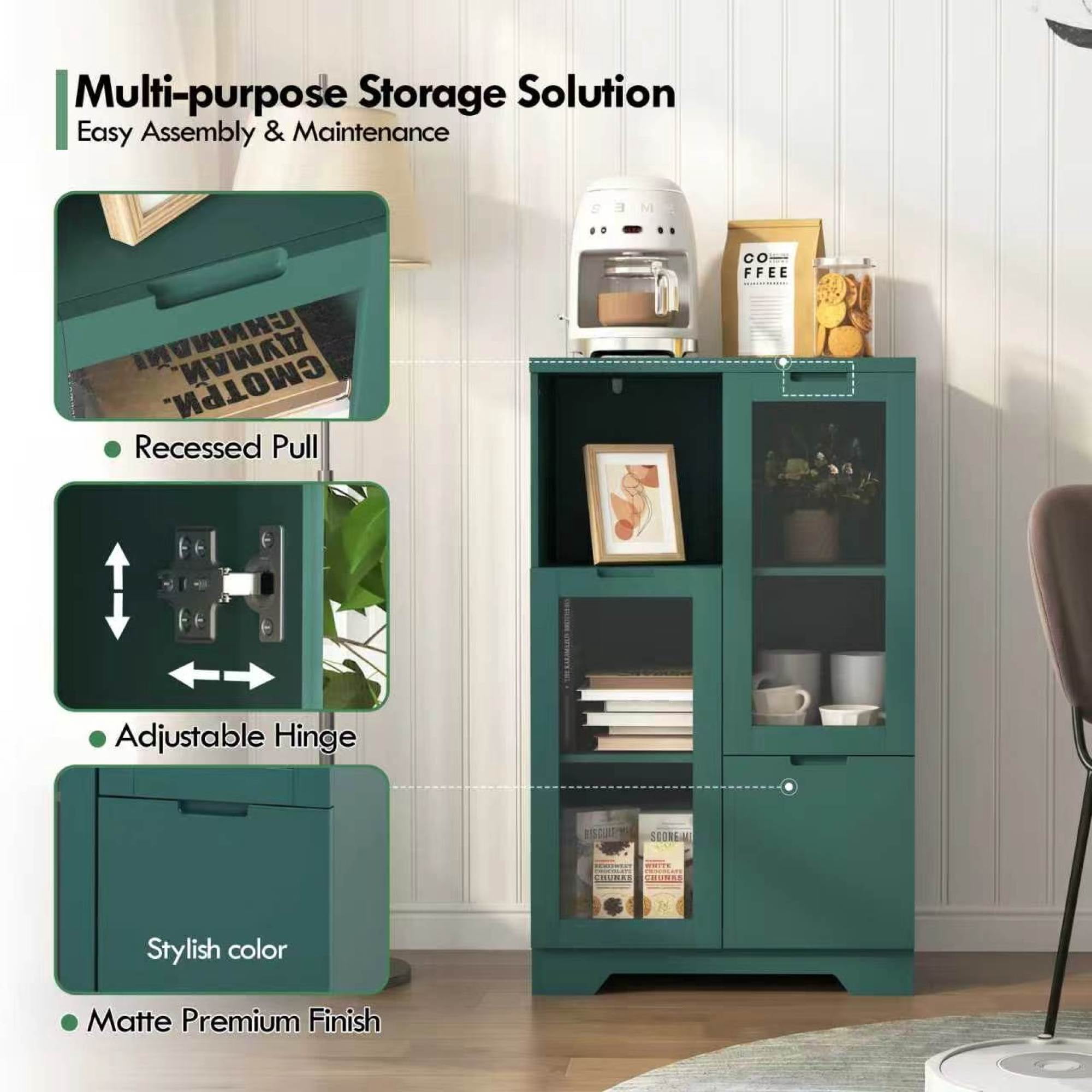Leumius Sideboard Cabinet with Storage,Buffet Cabinet with Glass Doors & Drawer,Open Storage Cabinet for Living room,Green