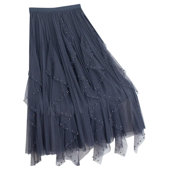 Ohufall Skirts for Women Irregular Long Tulle Skirts Elastic High Waist Mesh Tulle Tutu Maxi Skirt