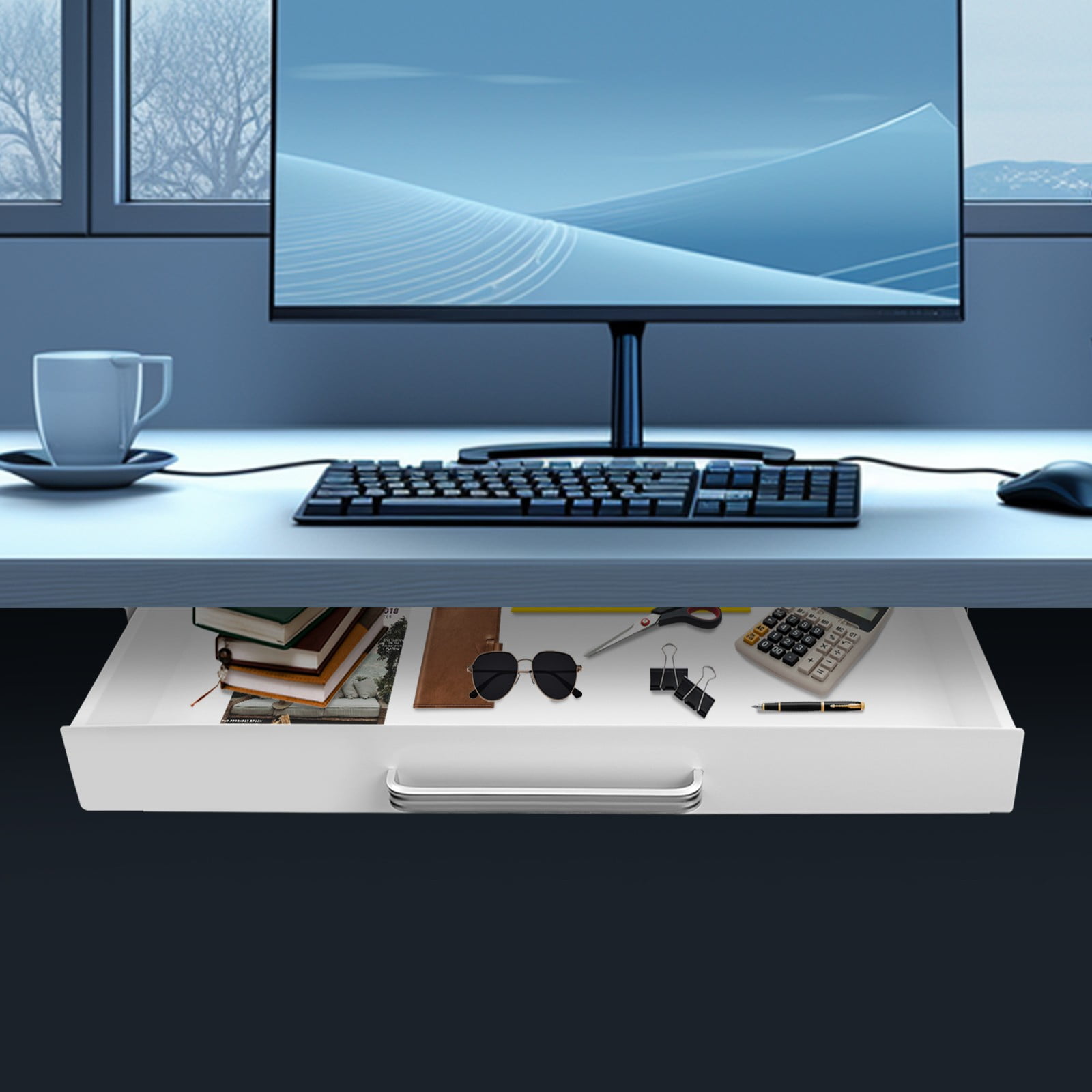 White Under Desk Mounted Sliding Pull-out Drawer, Drawer Storage Organizer for Standing Desks, Pull-out Drawer Iron