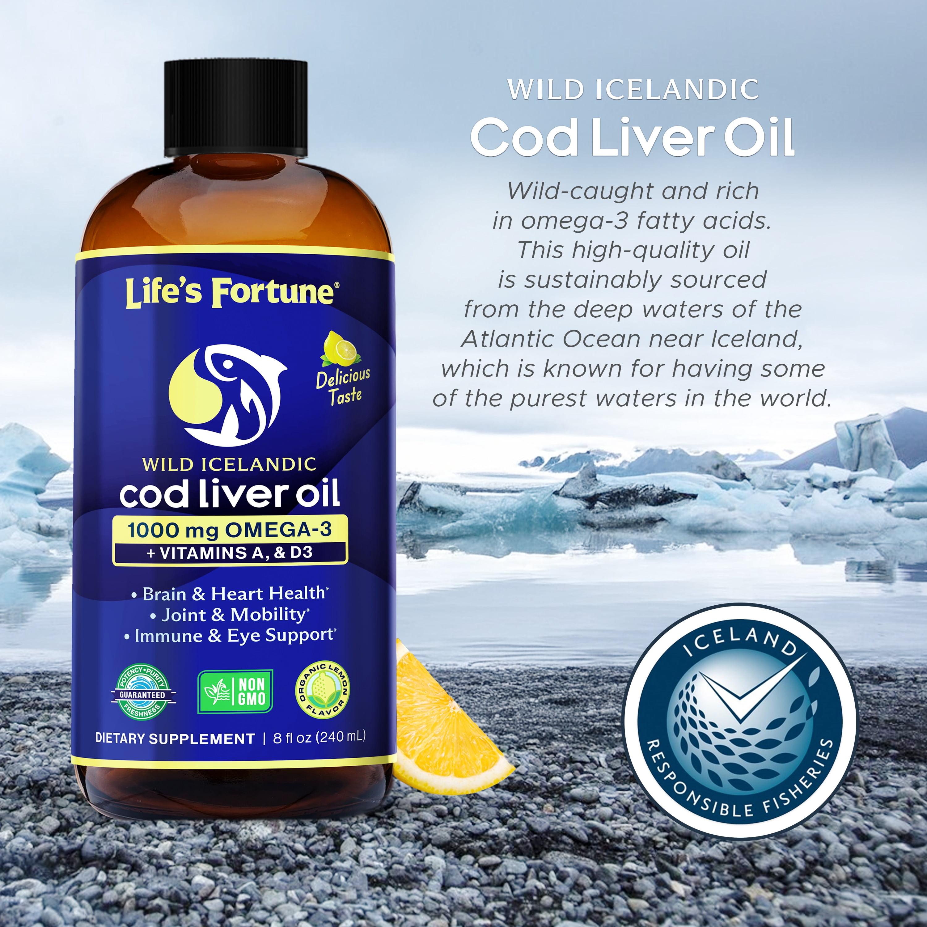 Life's Fortune Cod Liver Oil Liquid Organic Lemon Flavor, Fish Oil Supplement, 8 oz, 1000 mg