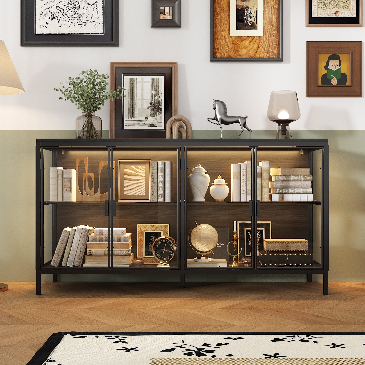 WIAWG Storage Cabinet with 3-Color LED Lights, Glass Shelves & 4 Compartments, Sideboard Buffet for Living Room Dining Room, Black
