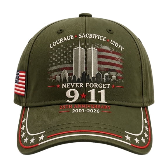 9-11 25th Anniversary Never Forget Hat 2001-2026 | Patriotic Twin Towers Embroidered Baseball Cap | Vintage Washed Adjustable Unisex Cap A