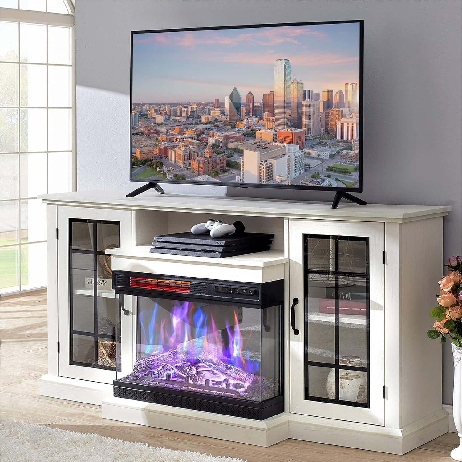 VANACC TV Stand with 3-Sided Glass Electric Fireplace, 59" Media Entertainment Center with Farmhouse Glass Door, TV Console Table for TVs up to 65"/Distressed White