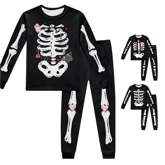 XUANTAOO Boys Girls Halloween Heart Skeleton Pattern Loungewear Set Elastic Waist Jogger Pants Soft Long Sleeve Crew Neck Daily Size 4-5 Years