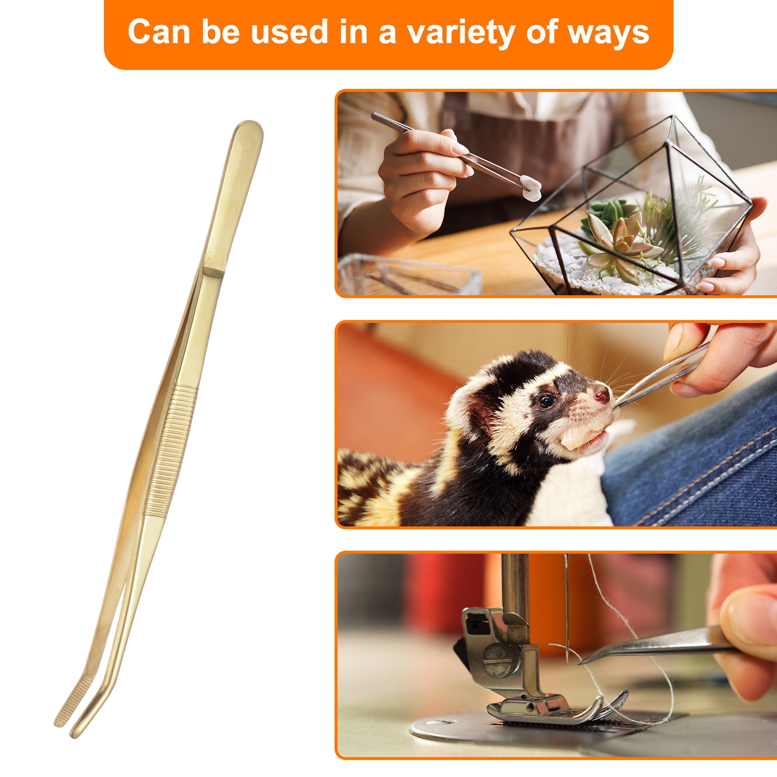 6pcs Stainless Steel Tweezers 8.6" Long Handle Curved Serrated Tip Tweezers for Craft Gardening, Yellow