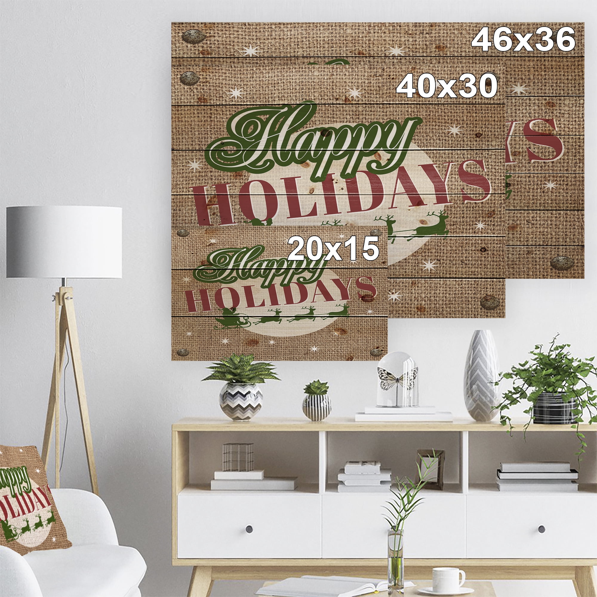 Designart 'Happy Holidays Christmas Wish on Burlap' Print on Natural Pine Wood