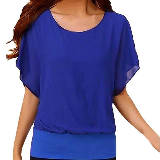 ICHUANYI Clearance Women's Loose Casual Short Sleeve Sleeve Chiffon Top T-Shirt Blouse(Blue, L) ICHUANYI WER2023081111132