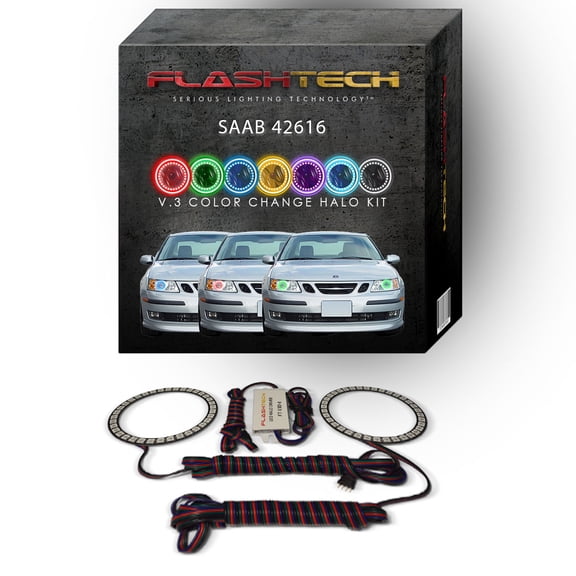 Flashtech RGB Multi Color Changing LED Halo kit for 2003-2007 Saab 9/3/2016 Headlights