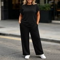 thumbnail image 5 of Women's 2 Piece Pants Set Plus Size Summer Lounge Outfits Short Sleeve Crewneck Tops and Wide Leg Sweatpants (1XL, Black), 5 of 8